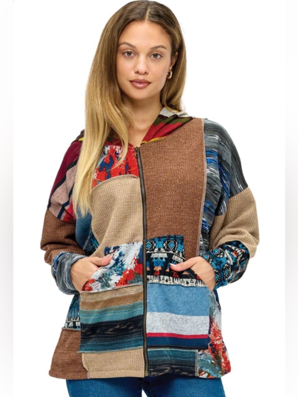 74 🦋 Boho color block patchwork hooded jacket